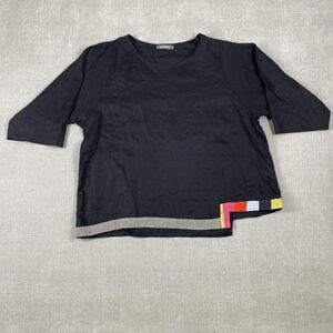 Alembika Shirt Womens Large Black Linen Asym Hem Colorblock 3/4 Sleeve Art ATW